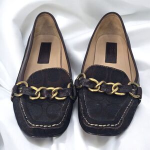 Coach Black Signature Canvas Loafers Edita Woman‎ 7B Chain Detail Comfort Flats